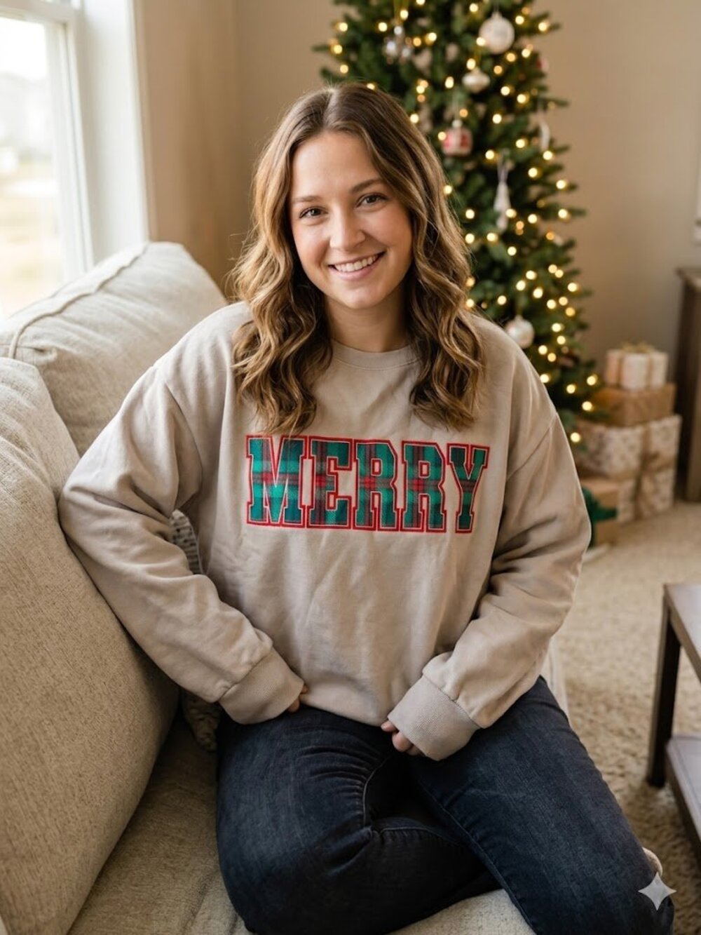 State of Mine Merry Christmas Plaid Graphic Sweatshirt | Size XL | Tan